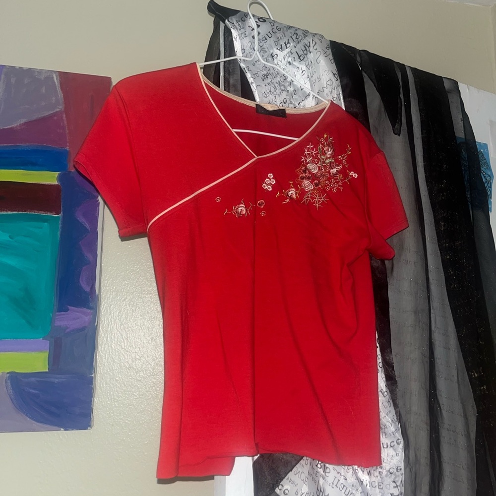 Red Floral Embroidered Women's Top